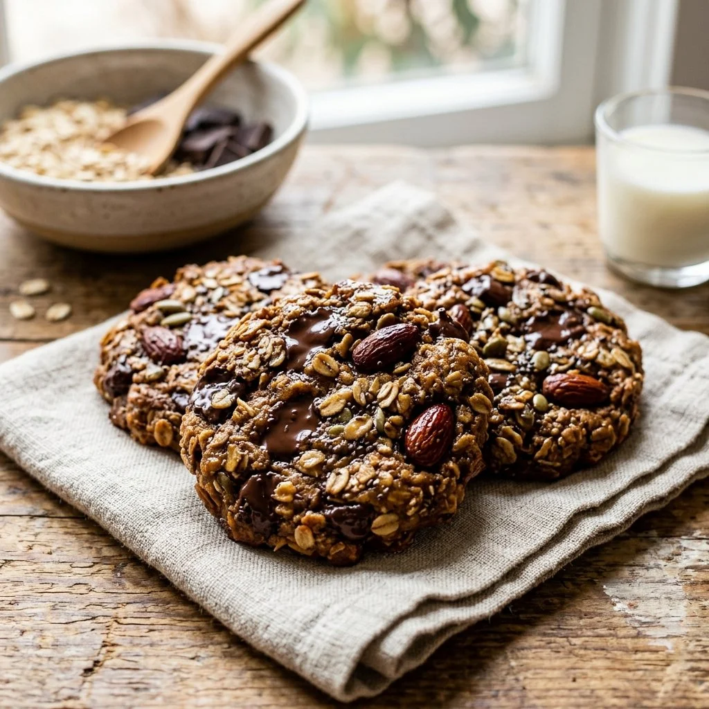 Freshly baked Protein Breakfast Cookies on a wooden table.