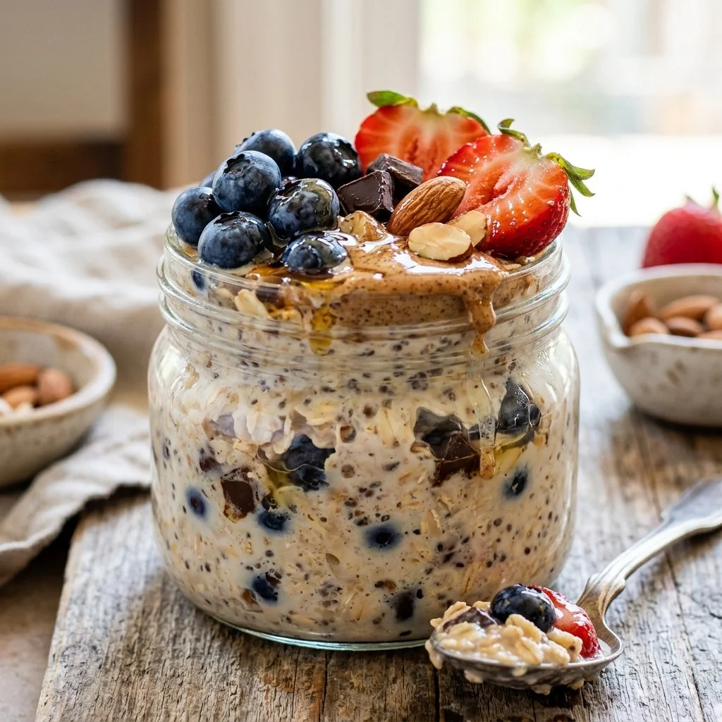 Delicious bowl of protein overnight oats topped with fruits and nuts