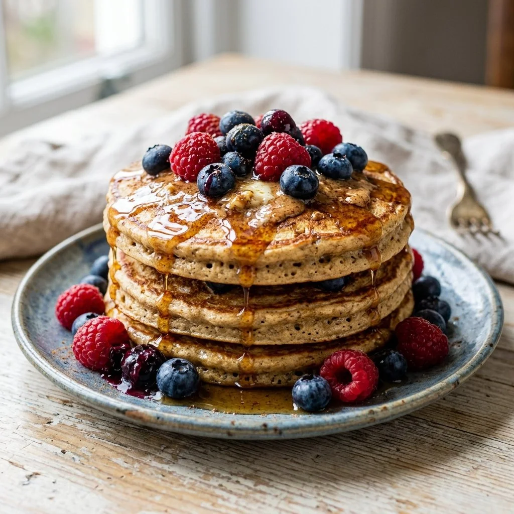 Fluffy protein pancakes topped with berries and syrup on a plate