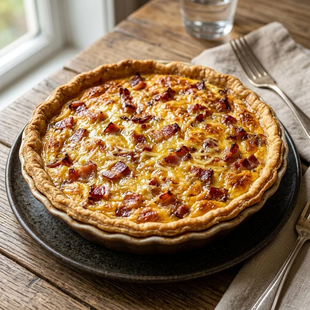 Delicious homemade Quiche Lorraine with crispy bacon and cheese topping