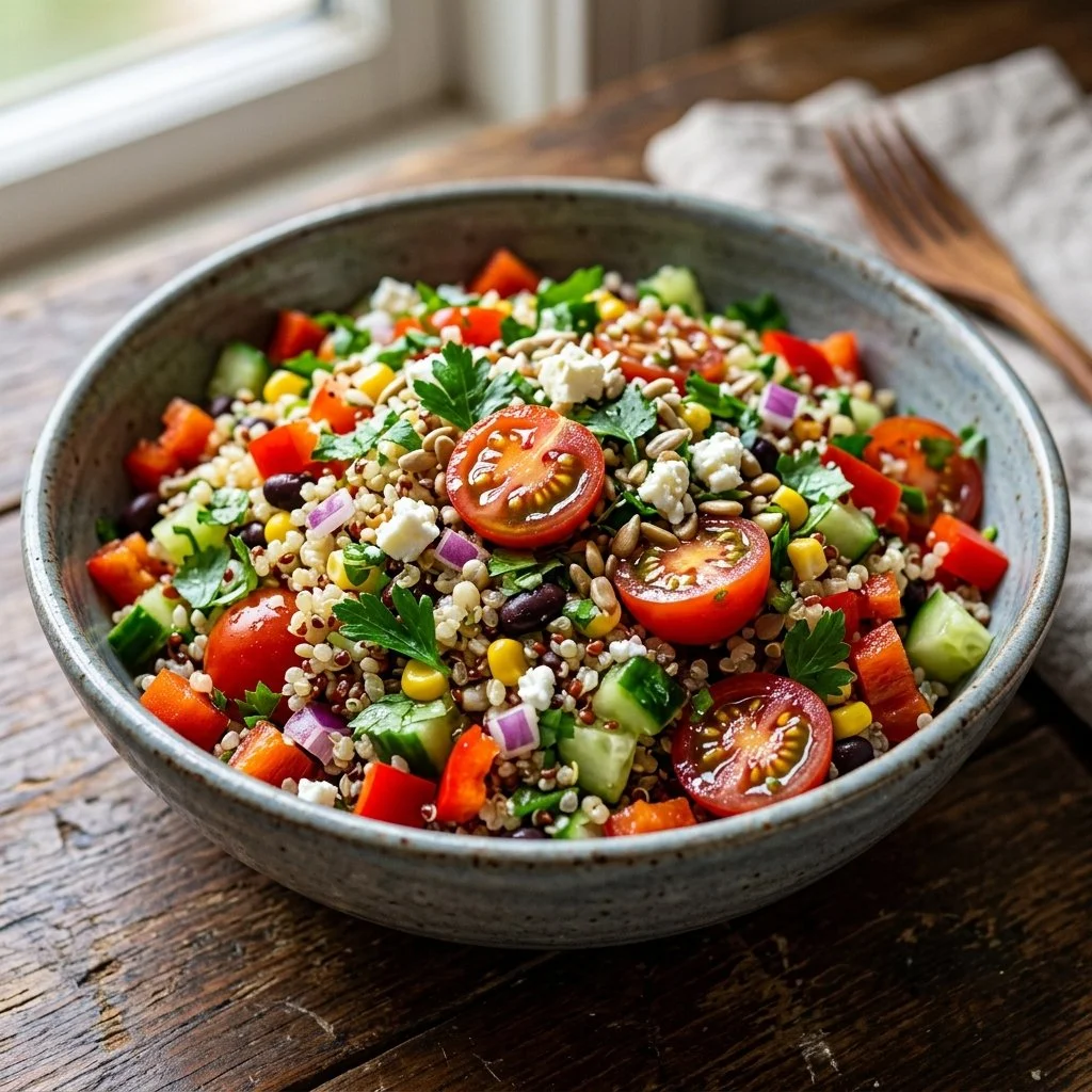 Colorful quinoa salad with fresh vegetables and herbs in a bowl