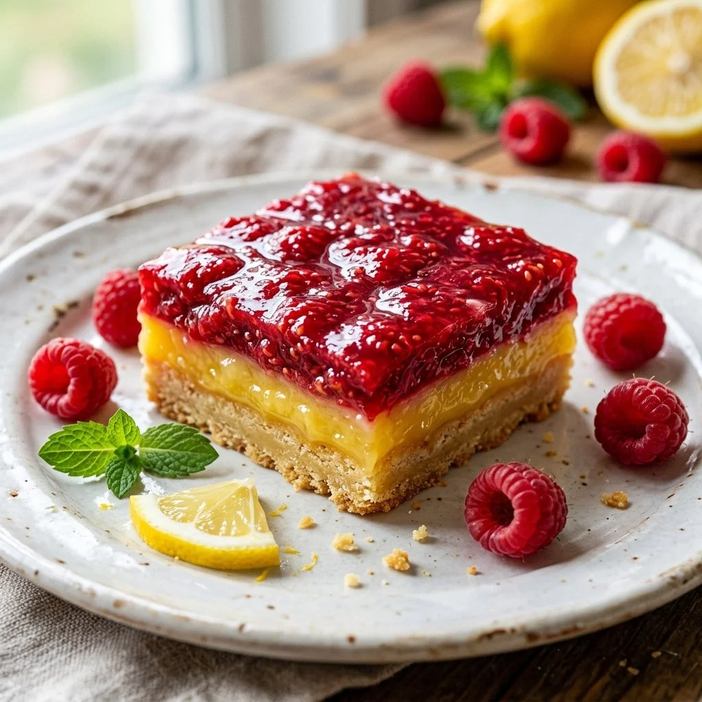 Delicious raspberry lemonade bars topped with fresh raspberries and lemon zest.