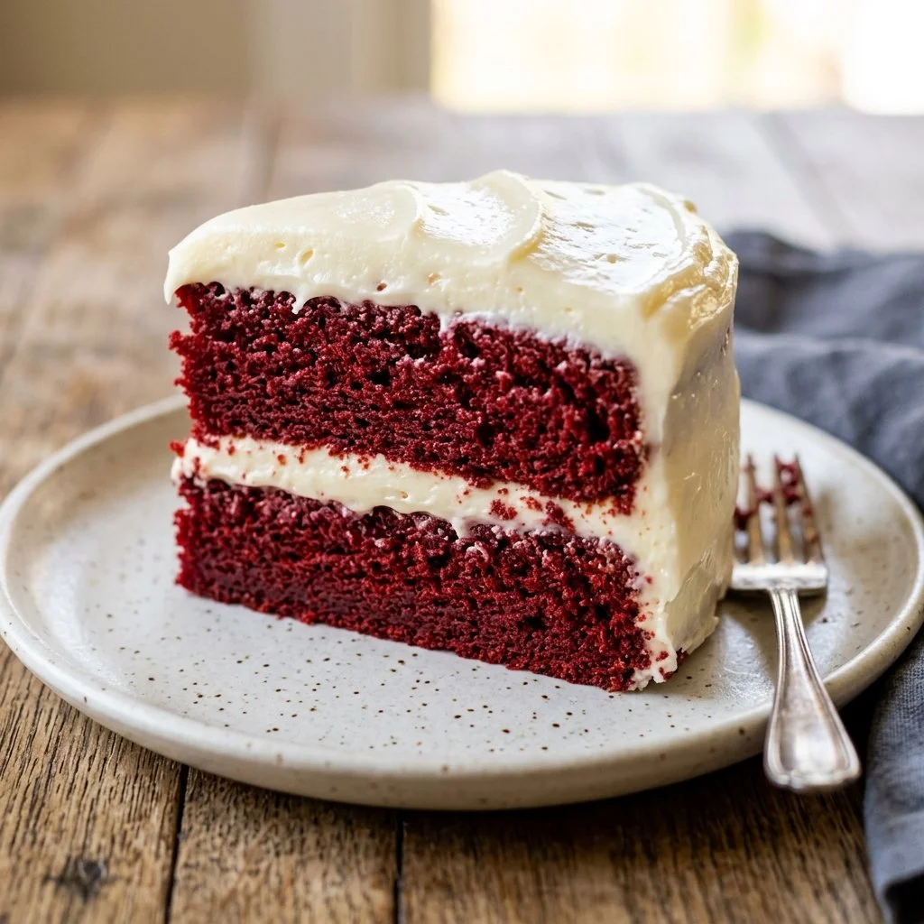 Delicious slice of Red Velvet Cake with cream cheese frosting on a plate.