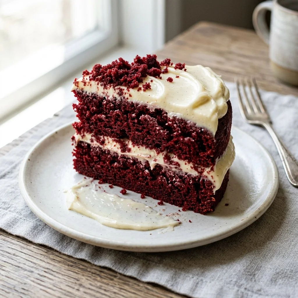 Delicious slice of Red Velvet Cake topped with cream cheese frosting.