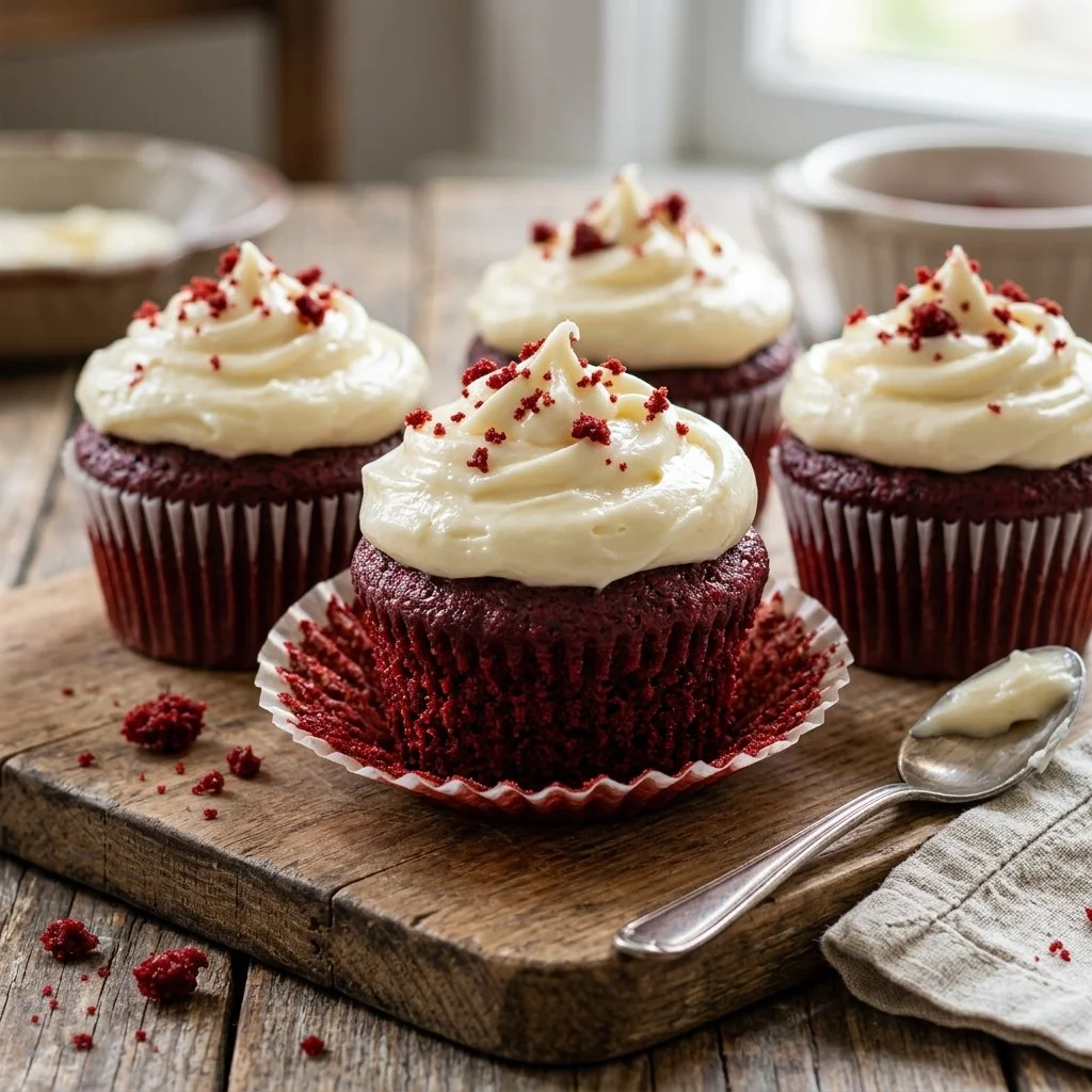 Delicious red velvet cupcakes topped with cream cheese frosting