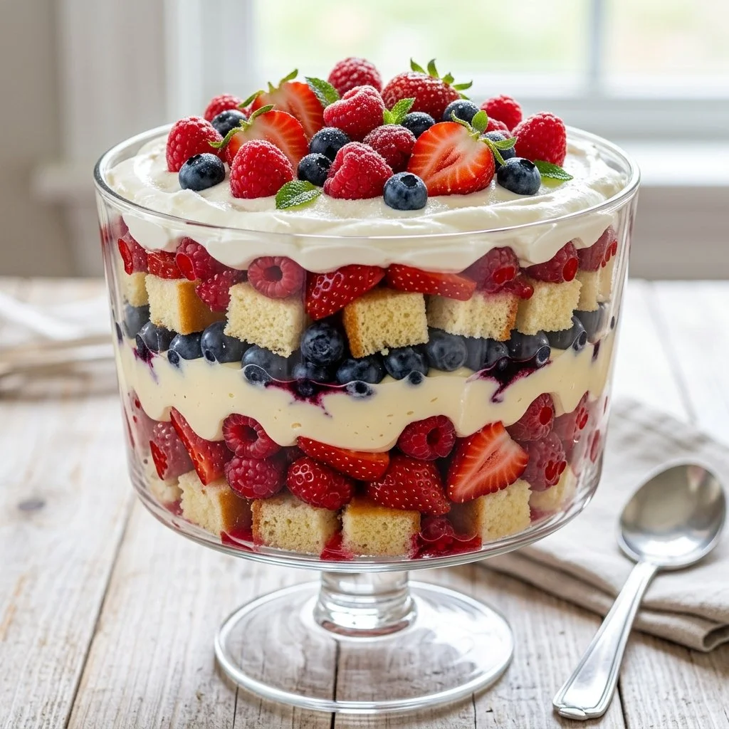 Red White and Blue Trifle dessert with layers of berries and cream