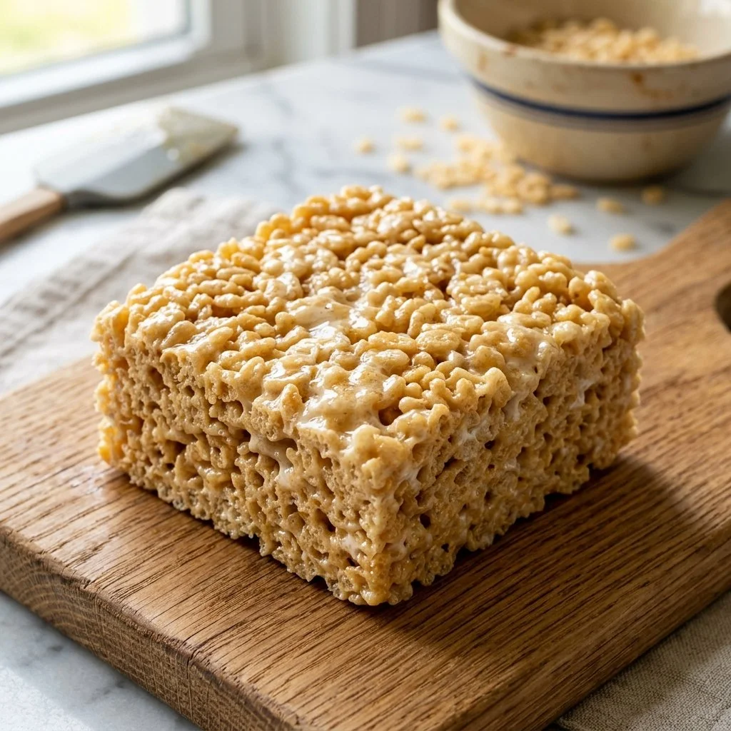 Delicious homemade Rice Krispie Treats with melted marshmallows and crispy cereal