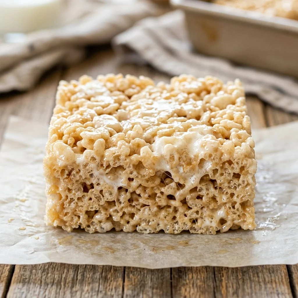 Delicious homemade Rice Krispie Treats stacked on a plate