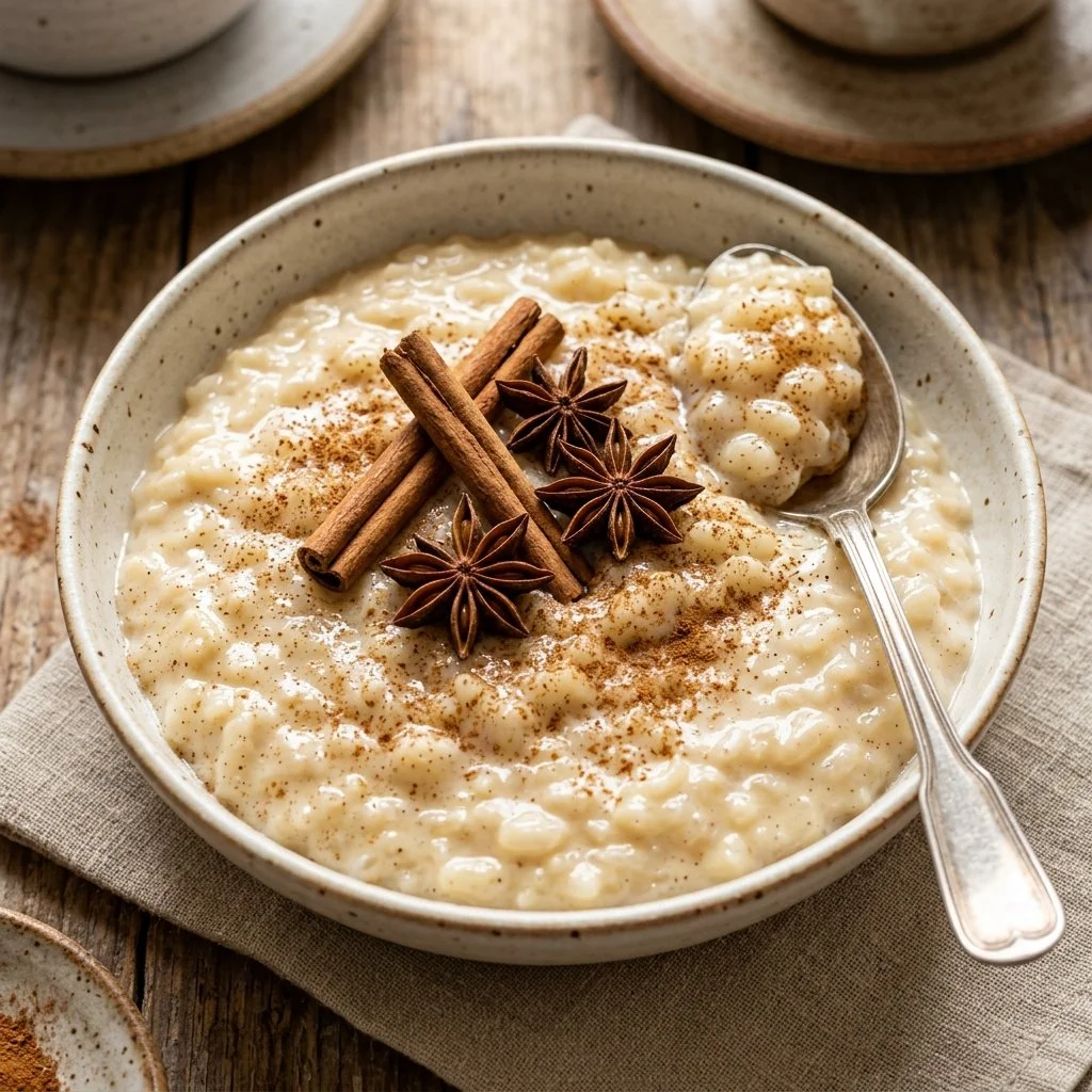 Delicious homemade rice pudding garnished with cinnamon and fresh fruit