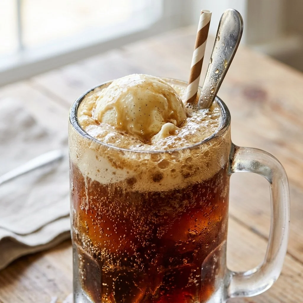 Delicious root beer float with vanilla ice cream and fizzy root beer