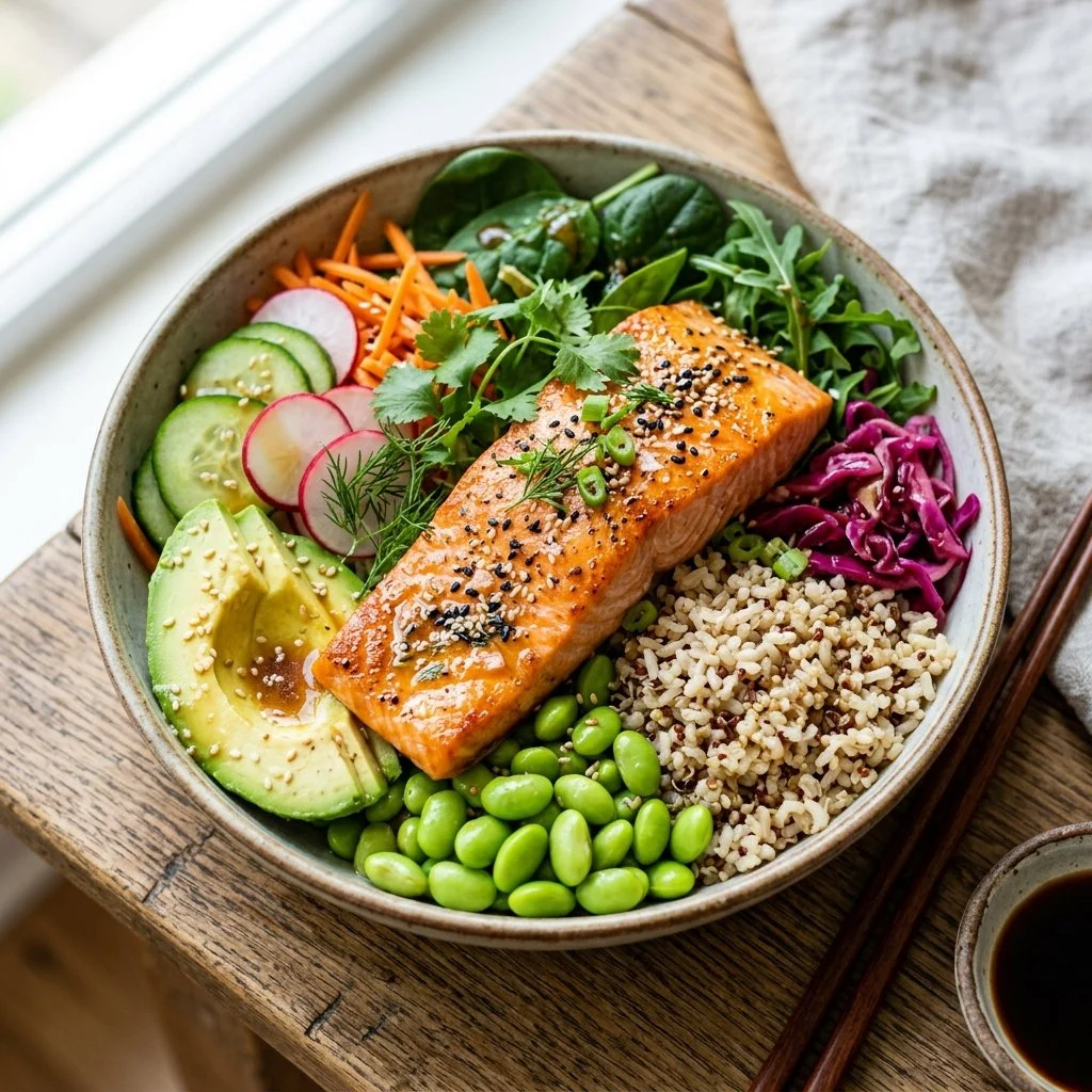 Colorful Salmon Buddha Bowl with fresh vegetables and grains