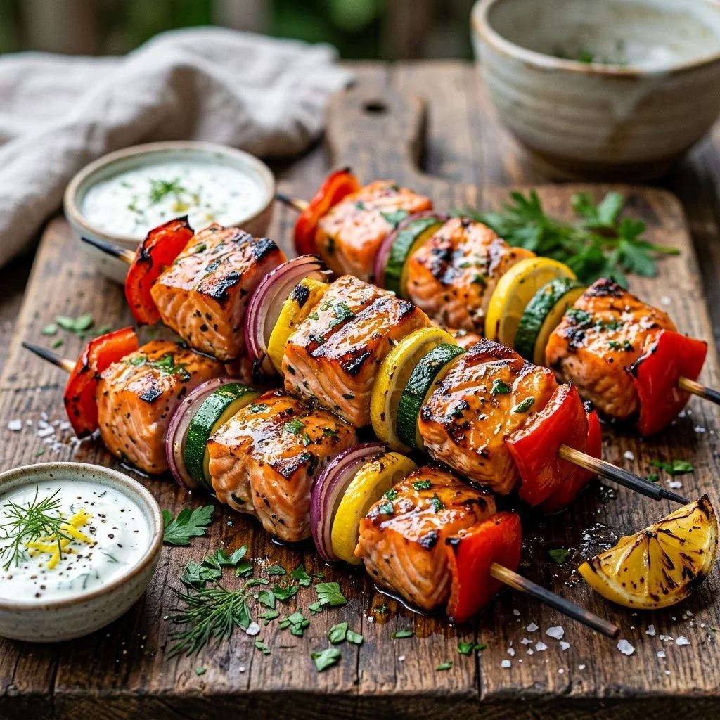 Delicious salmon kabobs grilled with vegetables for a healthy meal option.