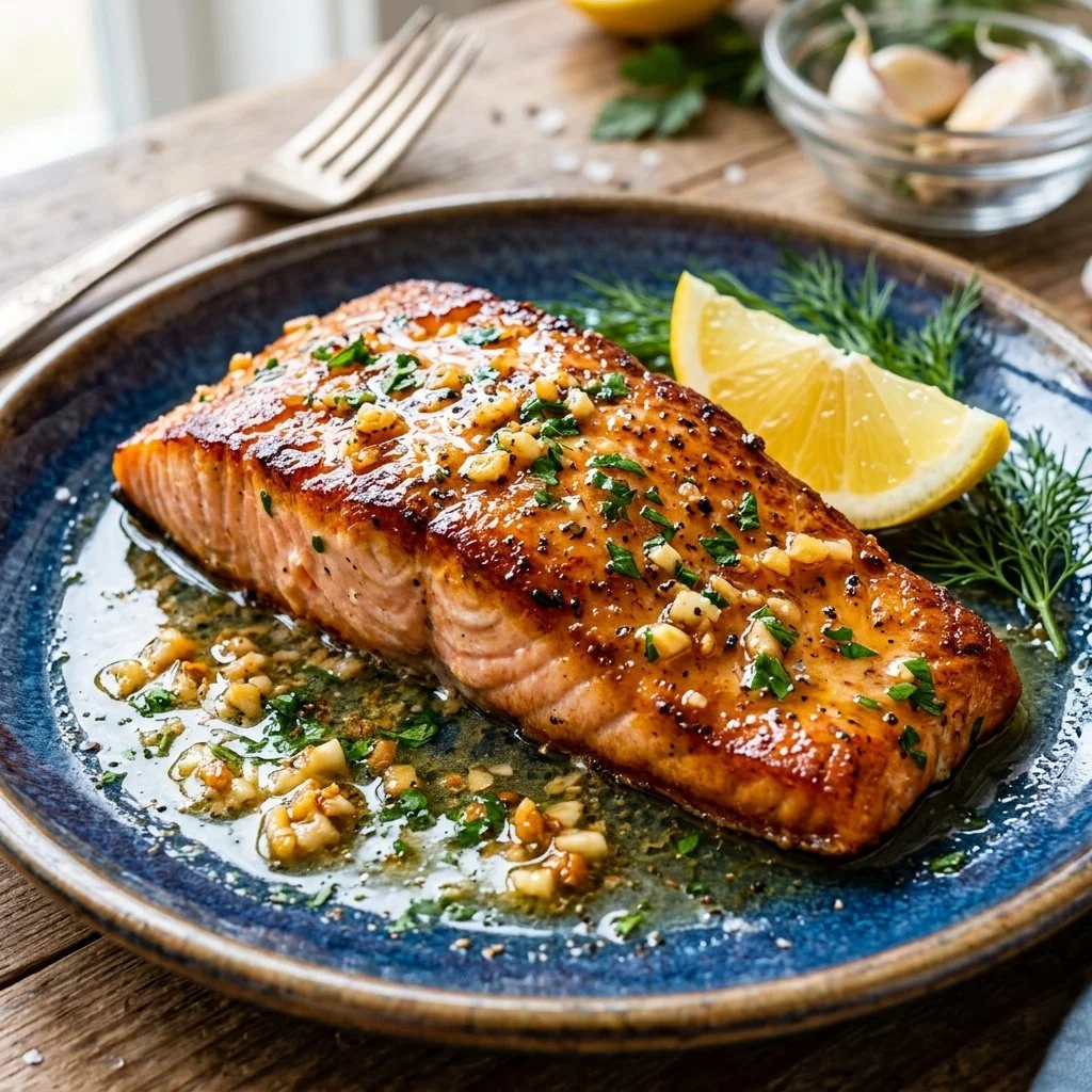 Plate of salmon fillet topped with garlic butter and herbs
