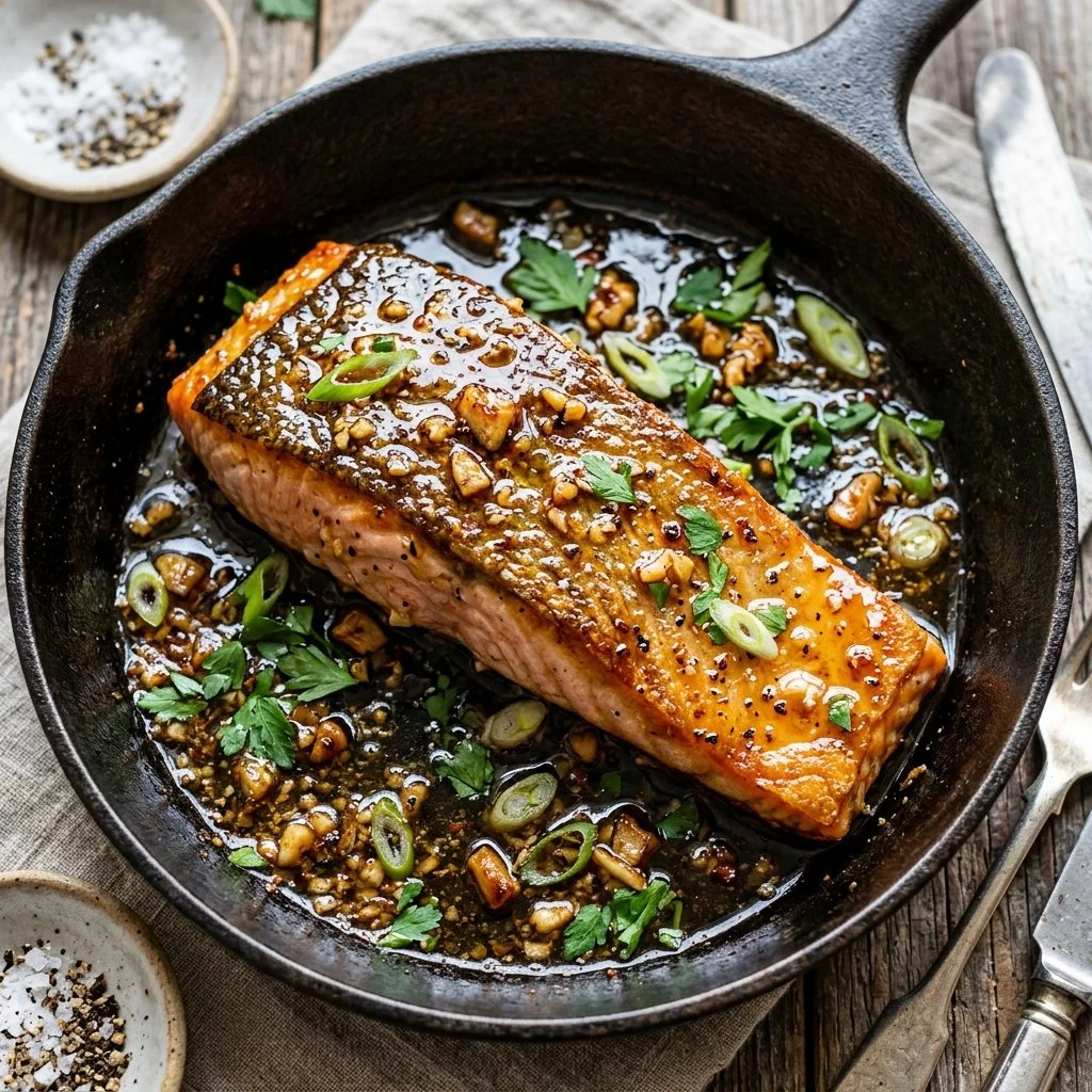 Salmon fillet glazed with honey garlic sauce, garnished with green onions