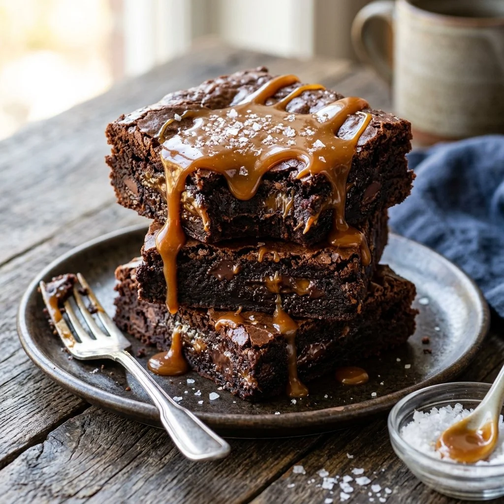 Delicious salted caramel brownies topped with sea salt on a plate