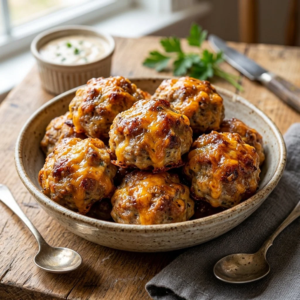 Delicious homemade sausage balls on a platter ready to serve
