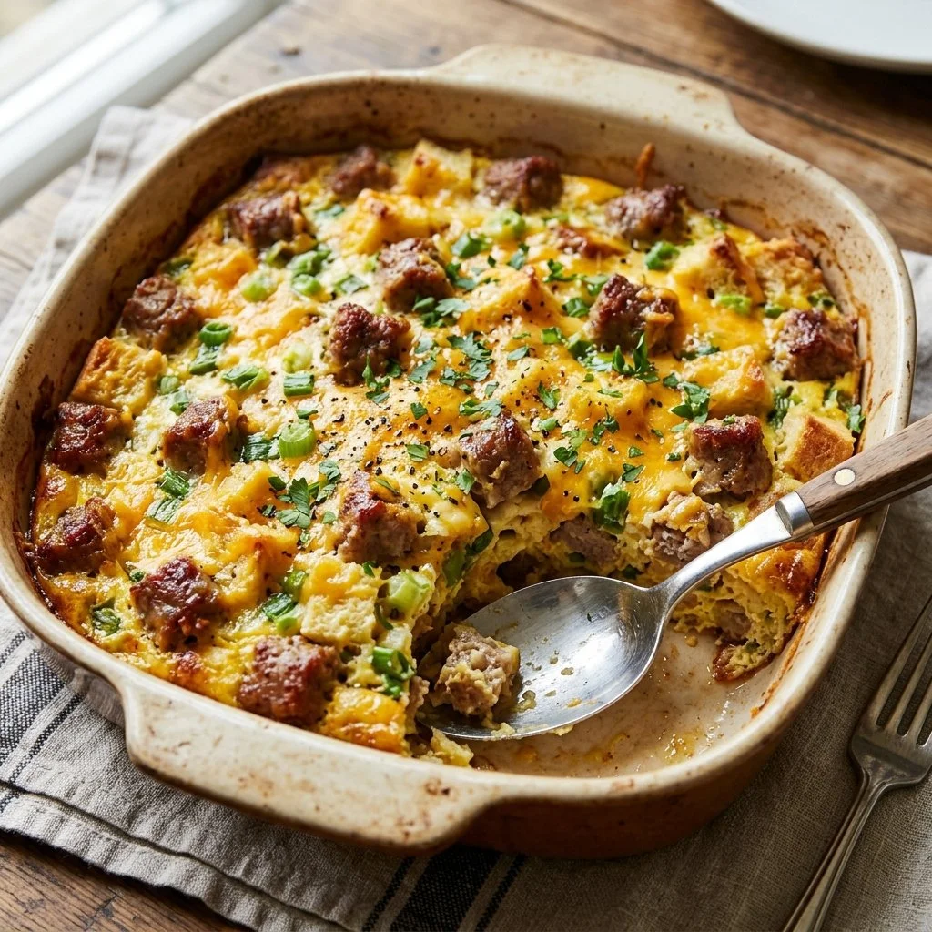 Delicious Sausage Breakfast Casserole topped with cheese and herbs