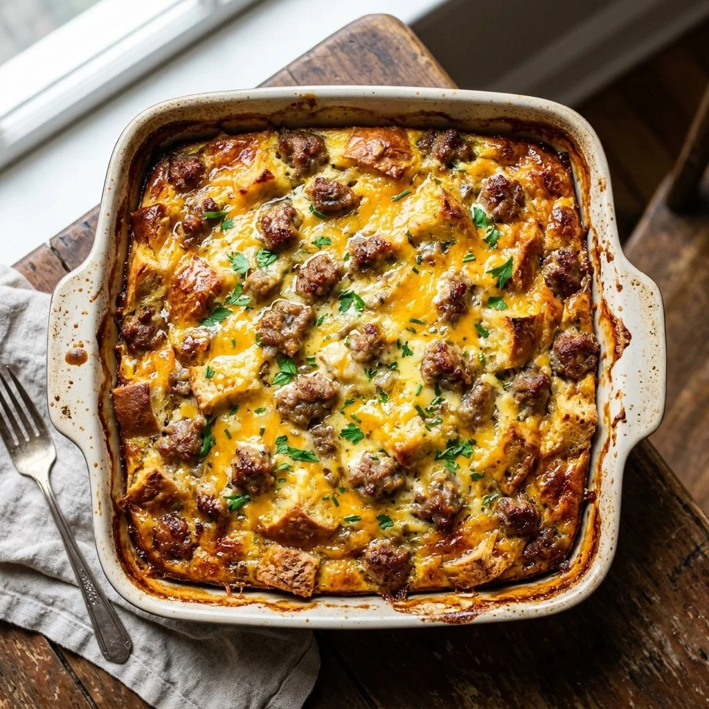 Savory Sausage Breakfast Casserole fresh out of the oven.