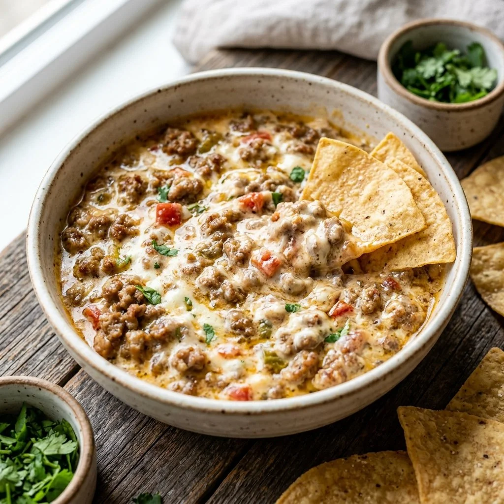Sausage Cream Cheese Dip served in a bowl with crackers and fresh herbs