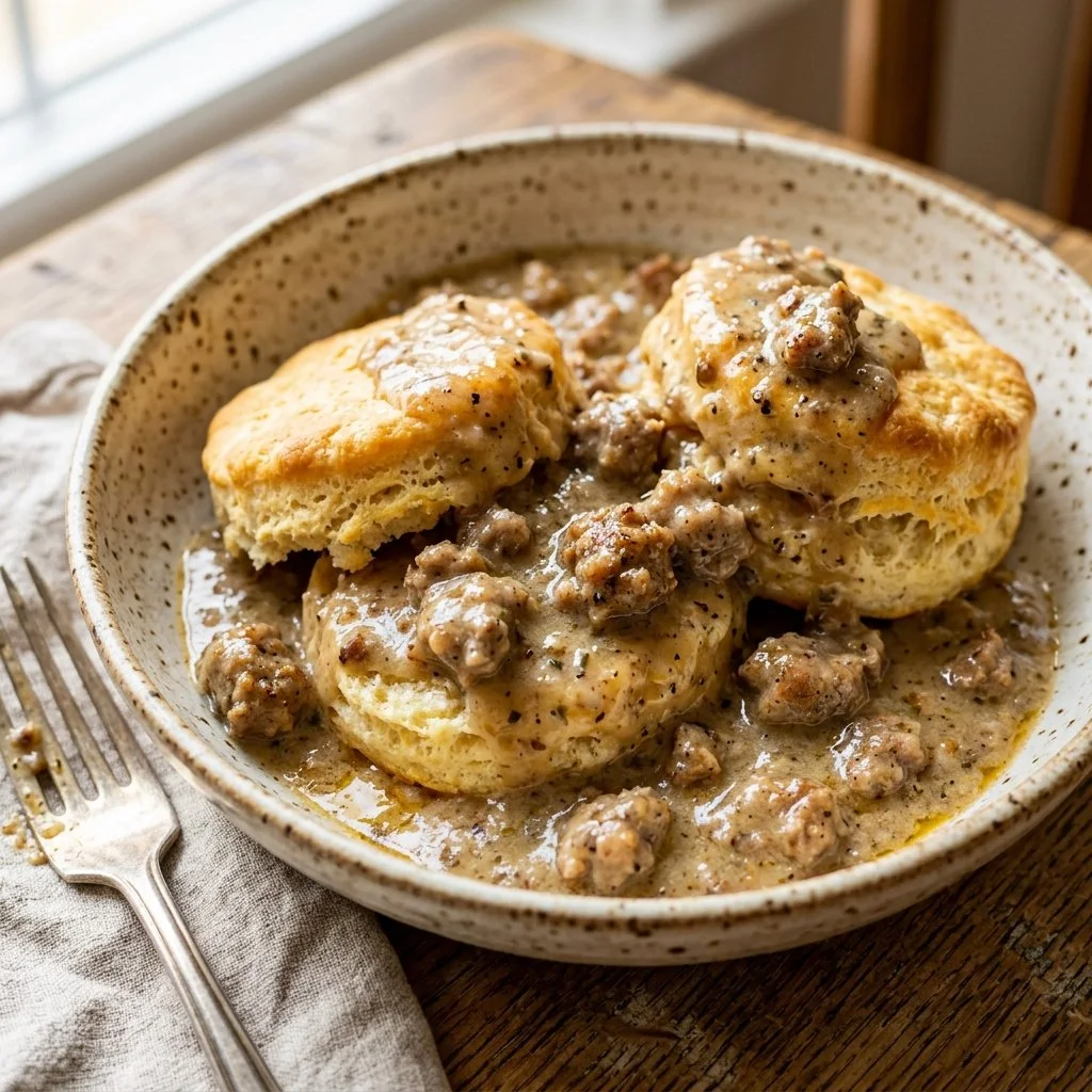 Delicious bowl of sausage gravy served over warm biscuits for breakfast