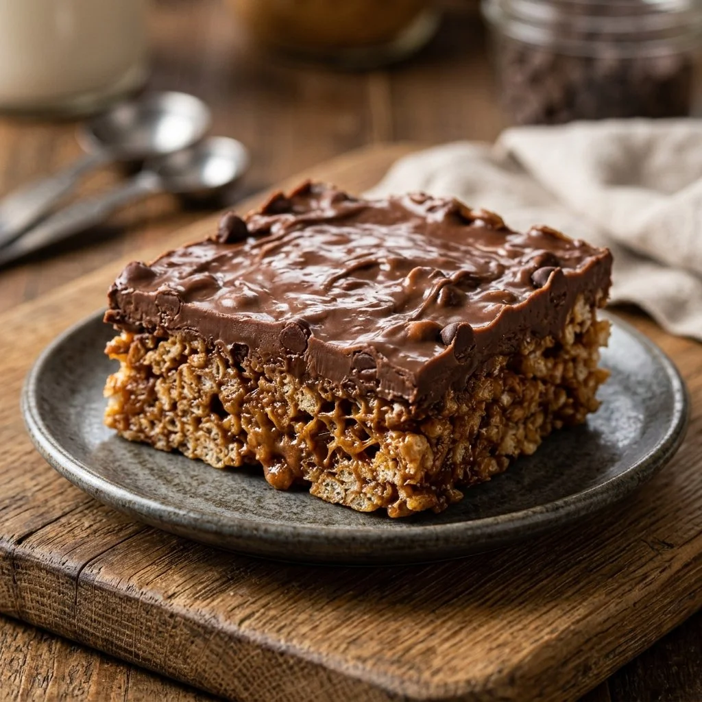 Delicious homemade Scotcheroos with chocolate and peanut butter topping.