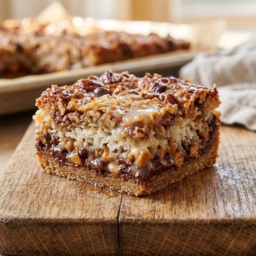 Delicious Seven Layer Bars layered with chocolate, coconut, and nuts.