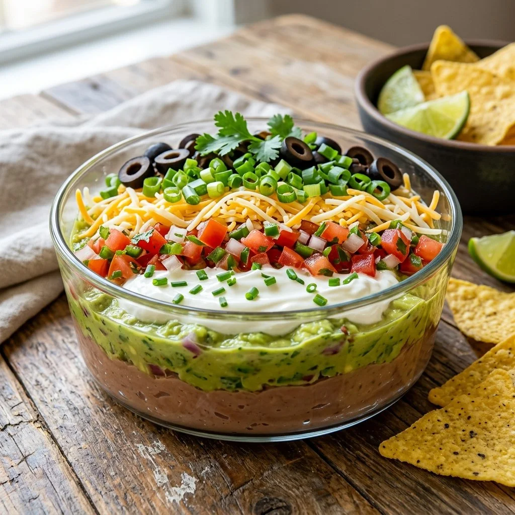 Delicious Seven Layer Dip served in a colorful dish