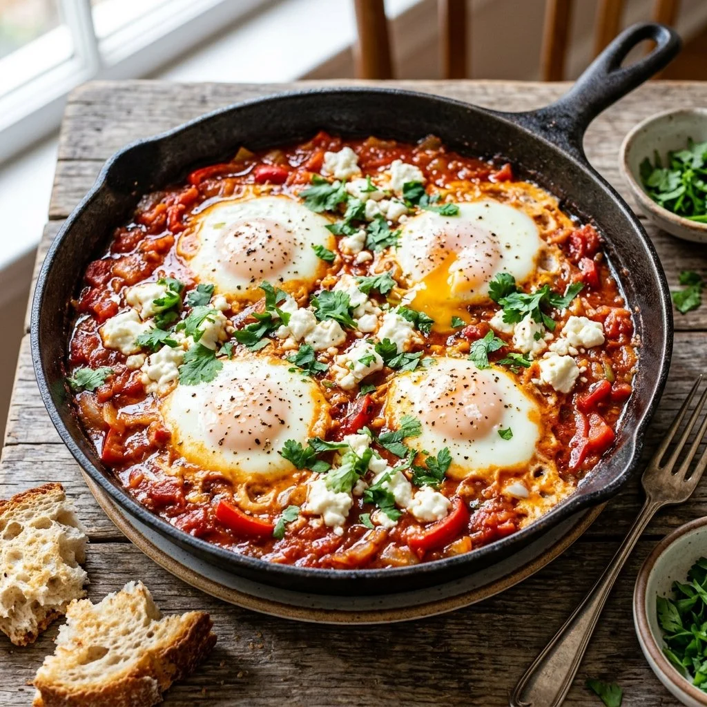 A vibrant shakshuka dish topped with feta cheese, served in a skillet.