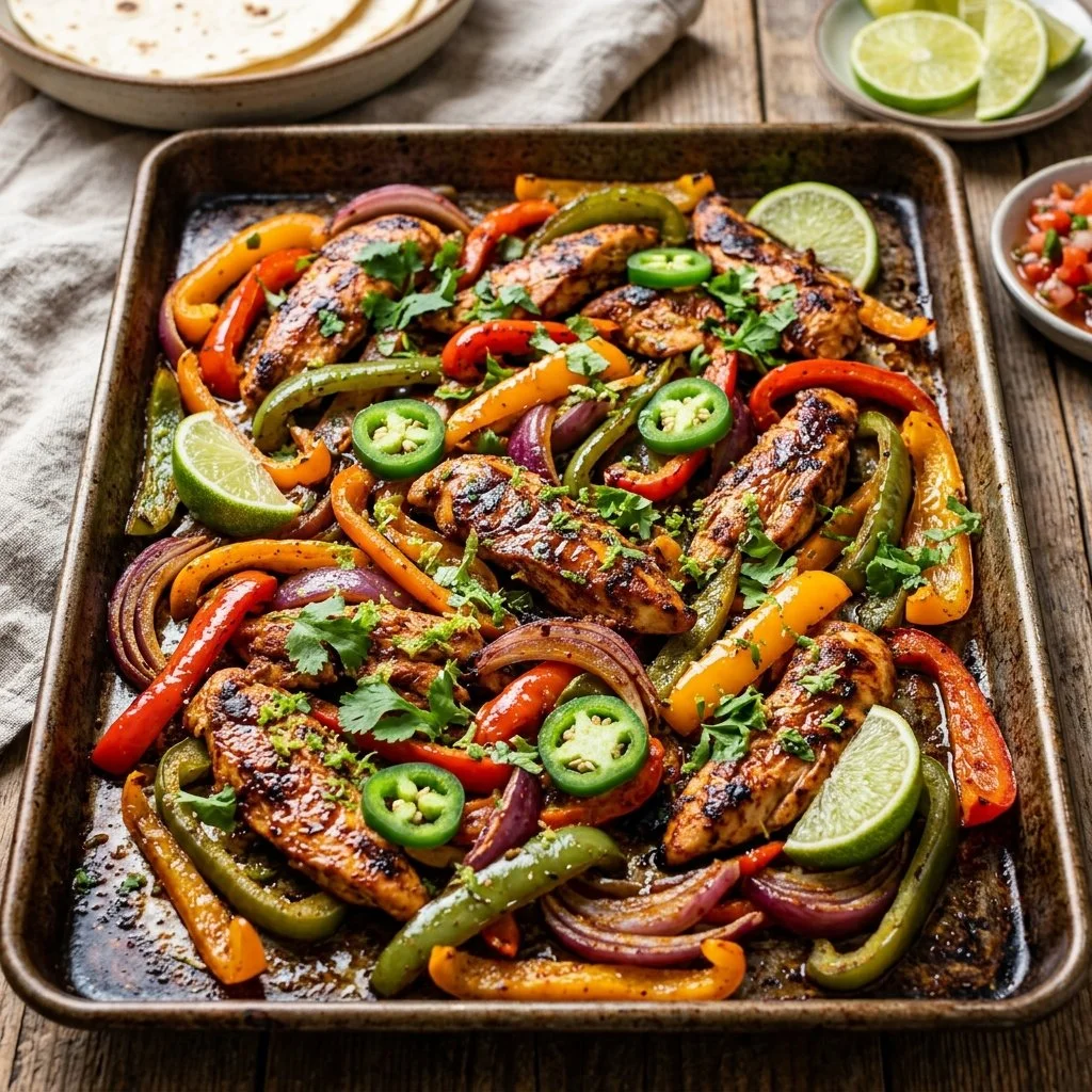 Delicious sheet pan chicken fajitas with vibrant peppers and onions ready to serve.