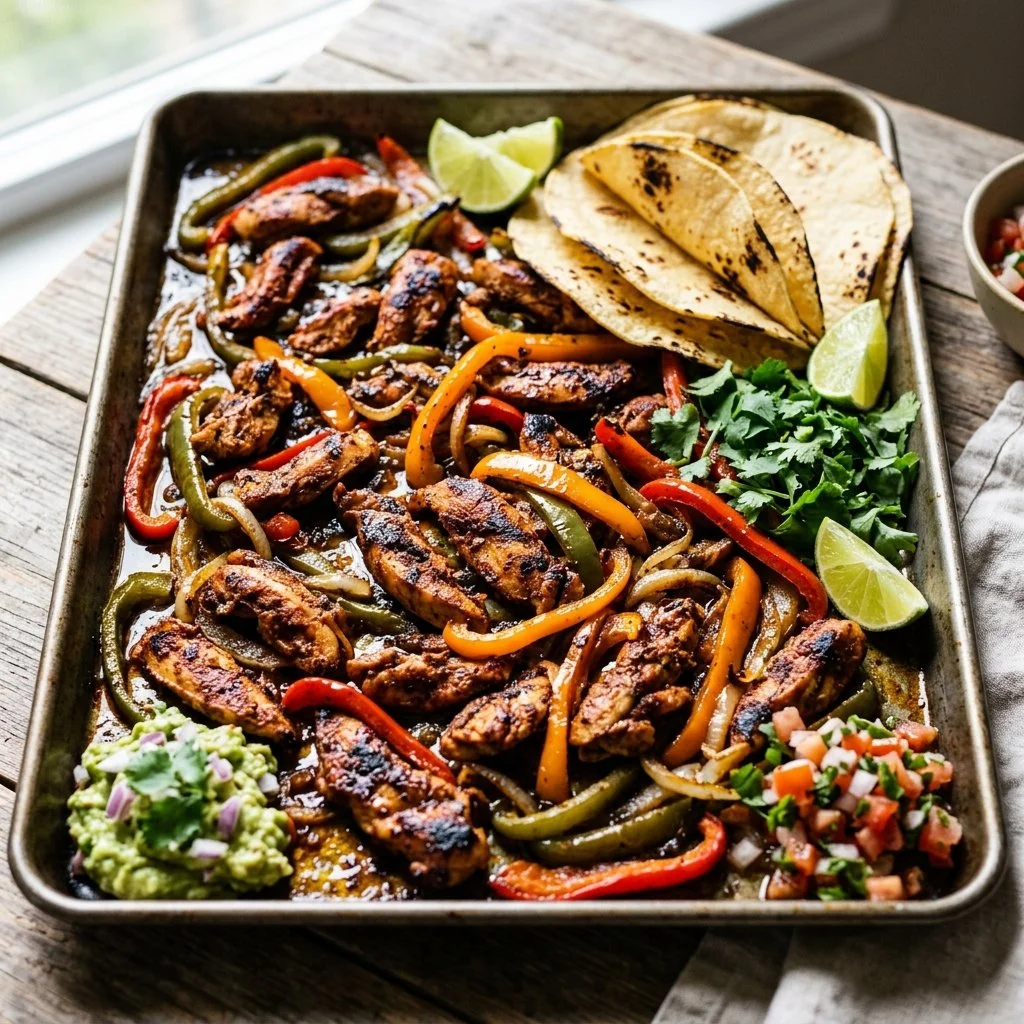 Sheet Pan Chicken Fajitas with colorful peppers and tender chicken strips