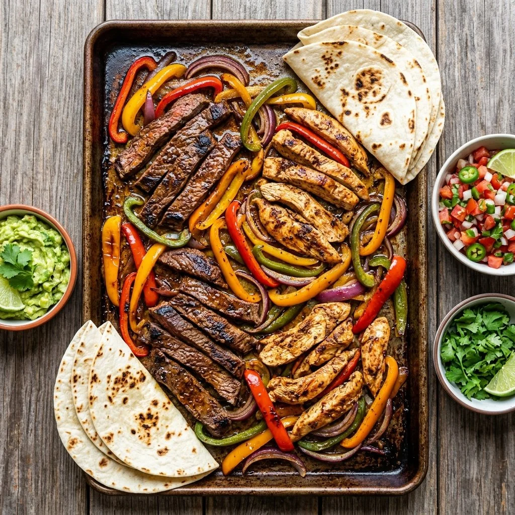 Sheet Pan Fajitas with colorful bell peppers and grilled chicken