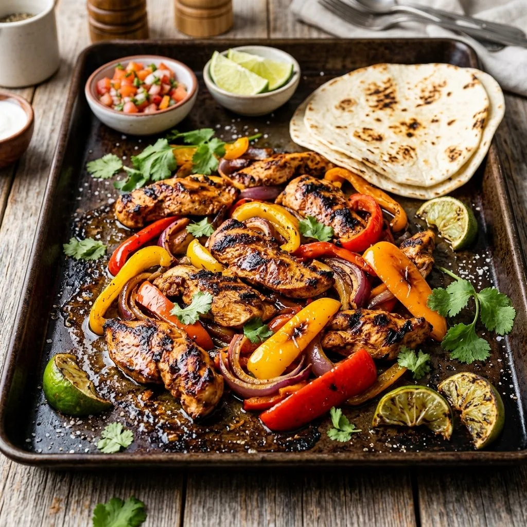Colorful sheet pan fajitas with peppers, onions, and chicken ready for serving.