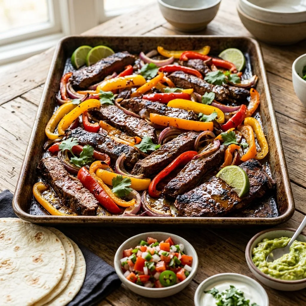 Colorful sheet pan fajitas with bell peppers and chicken ready to serve