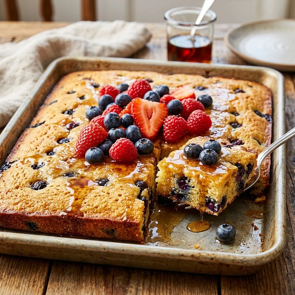 Delicious sheet pan pancakes served with syrup and berries on a table.