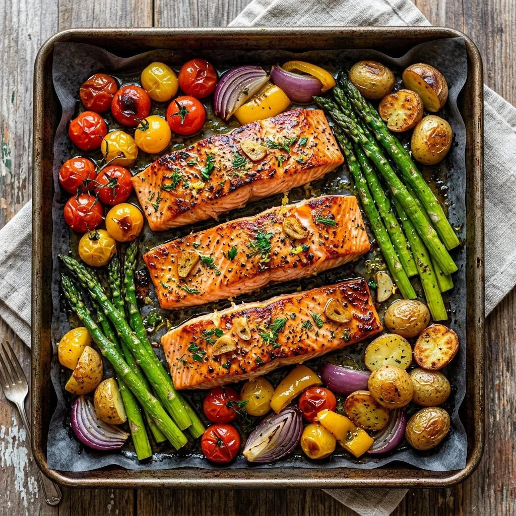 Delicious sheet pan salmon with colorful vegetables ready to serve