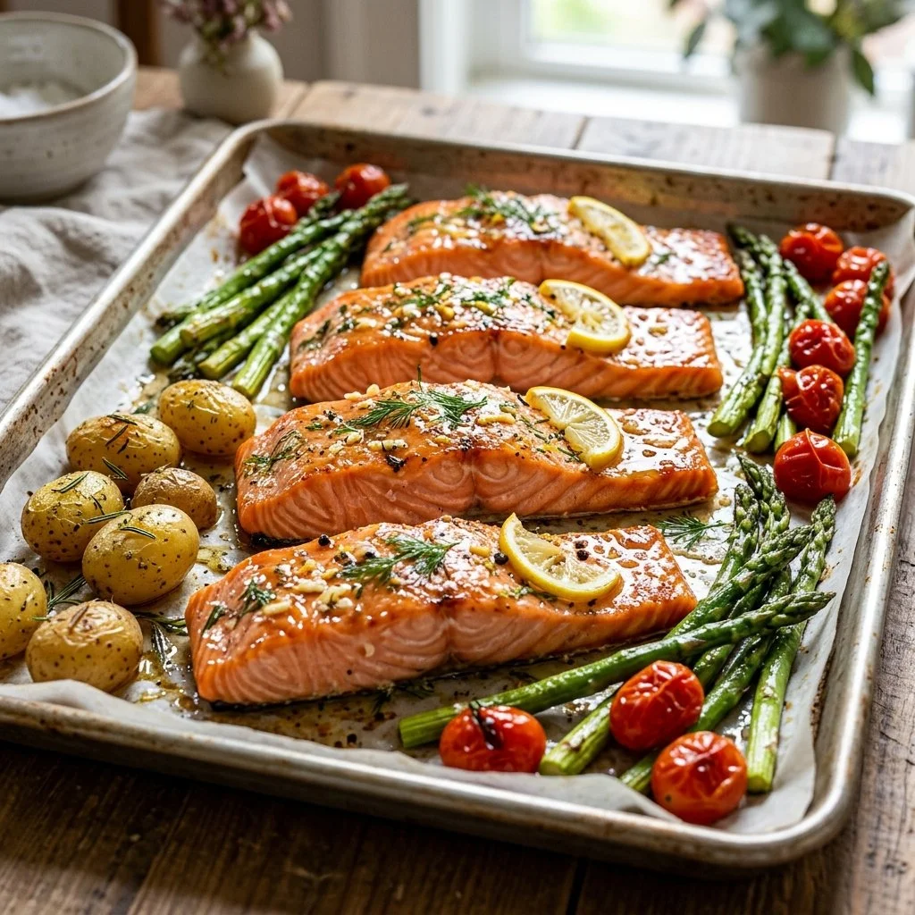 Sheet pan salmon served with vegetables for a healthy dinner