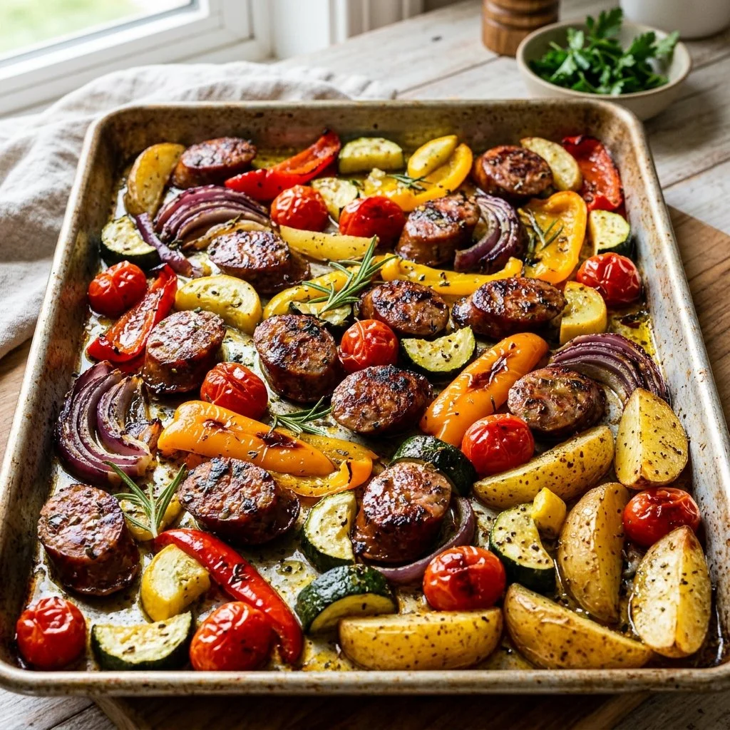 Colorful sheet pan sausage and veggies ready to be served for dinner