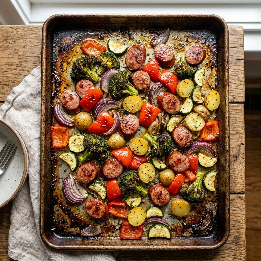Sheet pan sausage and veggies ready to serve for a healthy dinner.