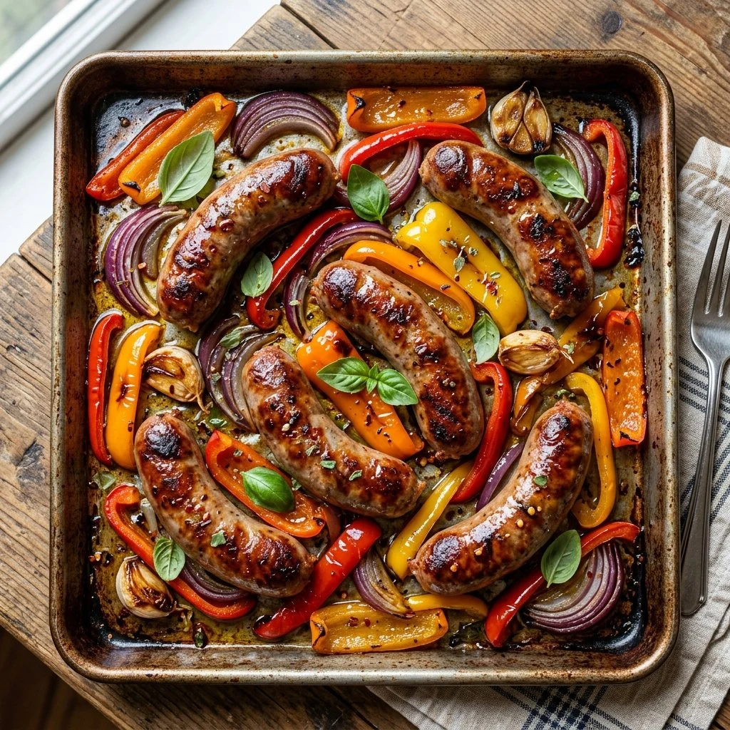 Delicious Sheet Pan Sausage Peppers ready to serve with vibrant colors and hearty ingredients.