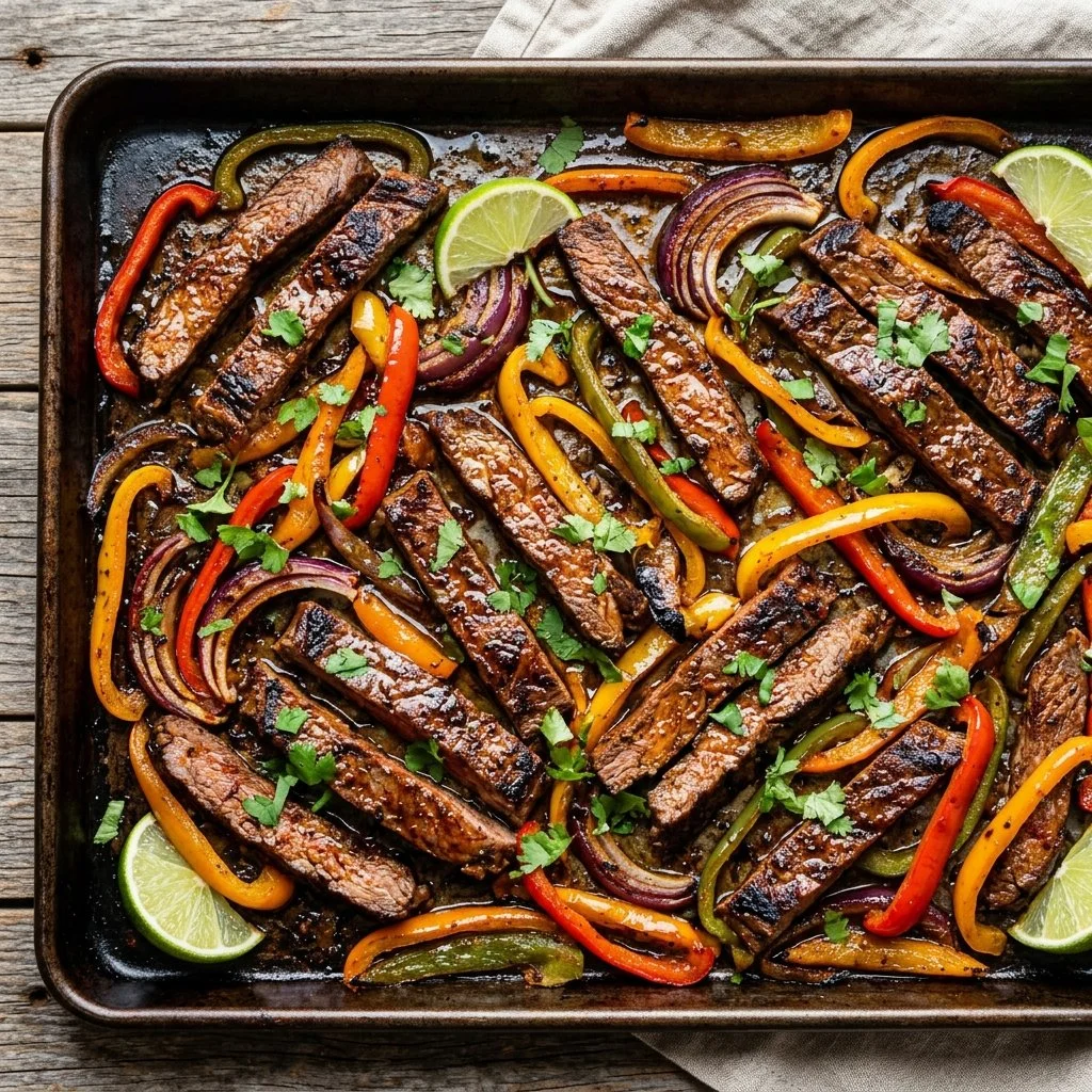 Sheet Pan Steak Fajitas with vibrant peppers and onions