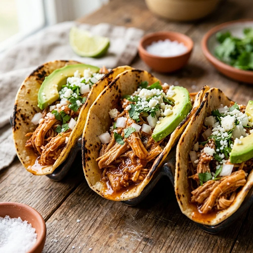 Easy shredded chicken tacos topped with fresh ingredients in a tortilla