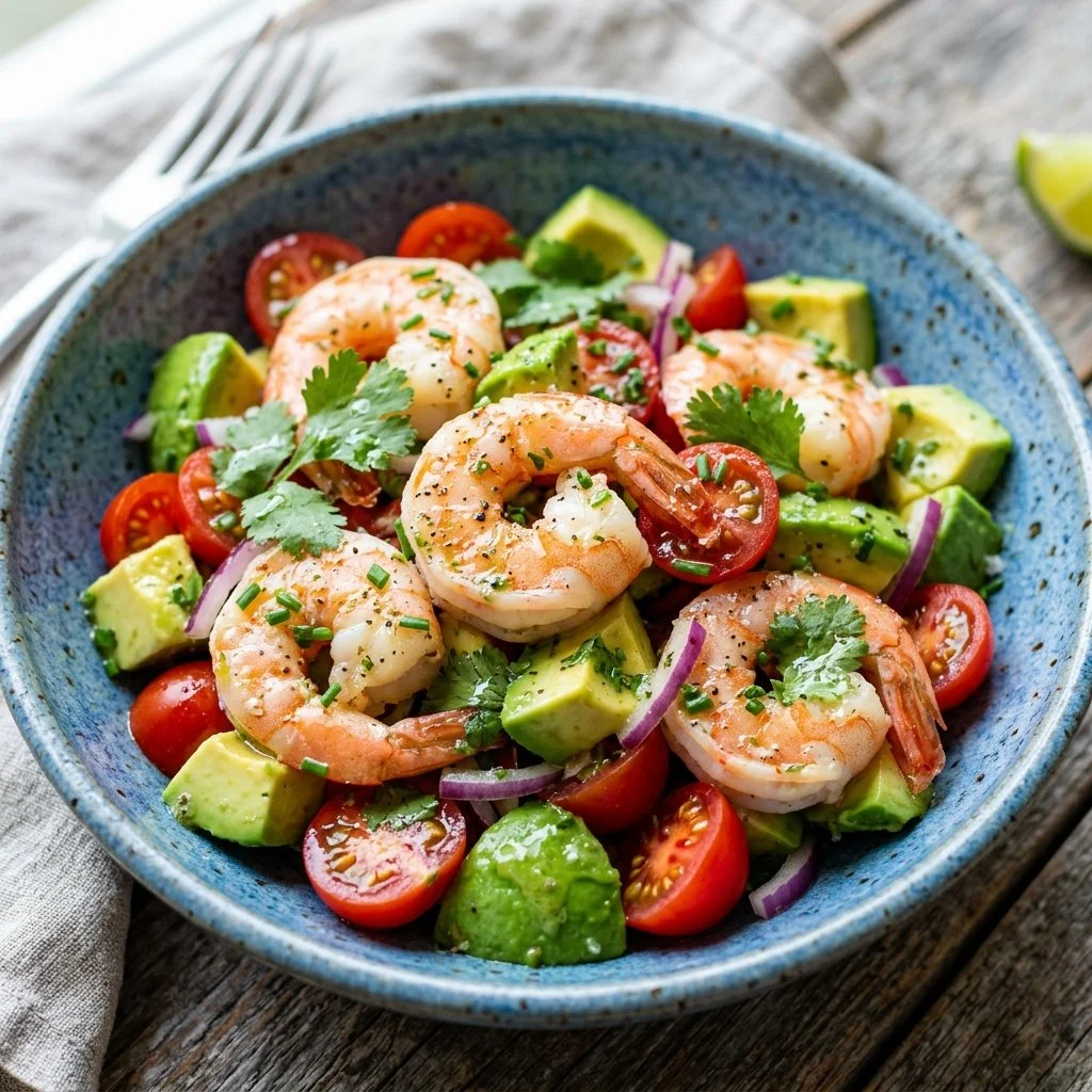 Fresh shrimp avocado salad with vibrant ingredients served in a bowl.