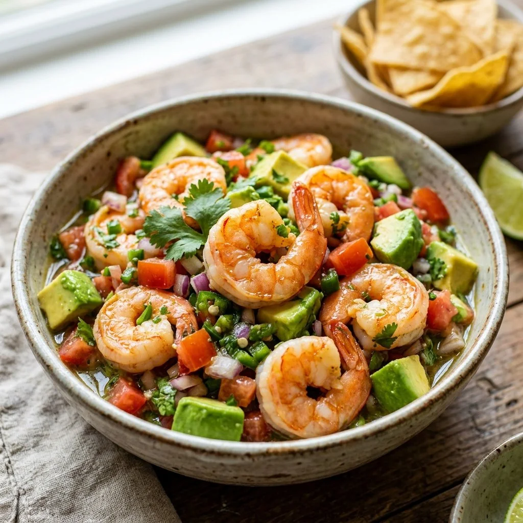 Fresh and colorful shrimp avocado salsa served in a bowl with tortilla chips.
