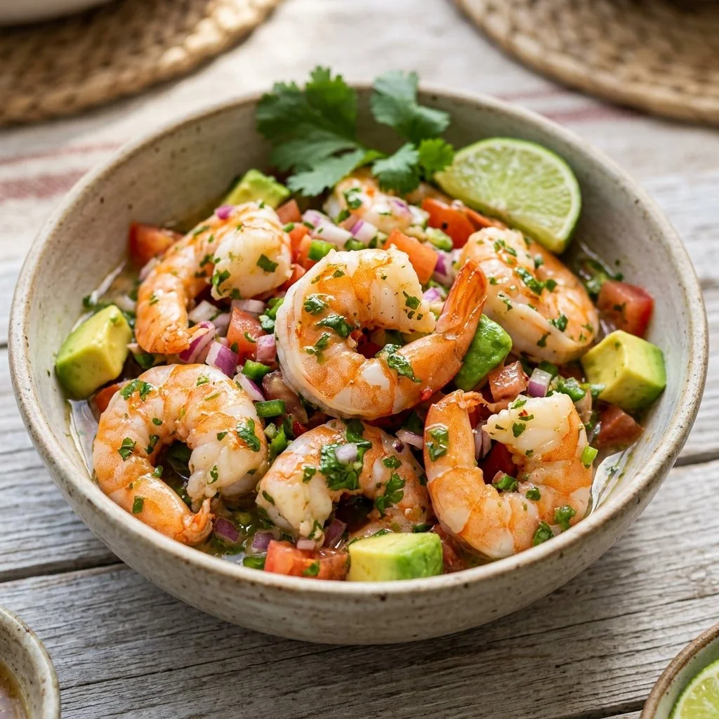 Plate of fresh shrimp ceviche garnished with lime and cilantro.