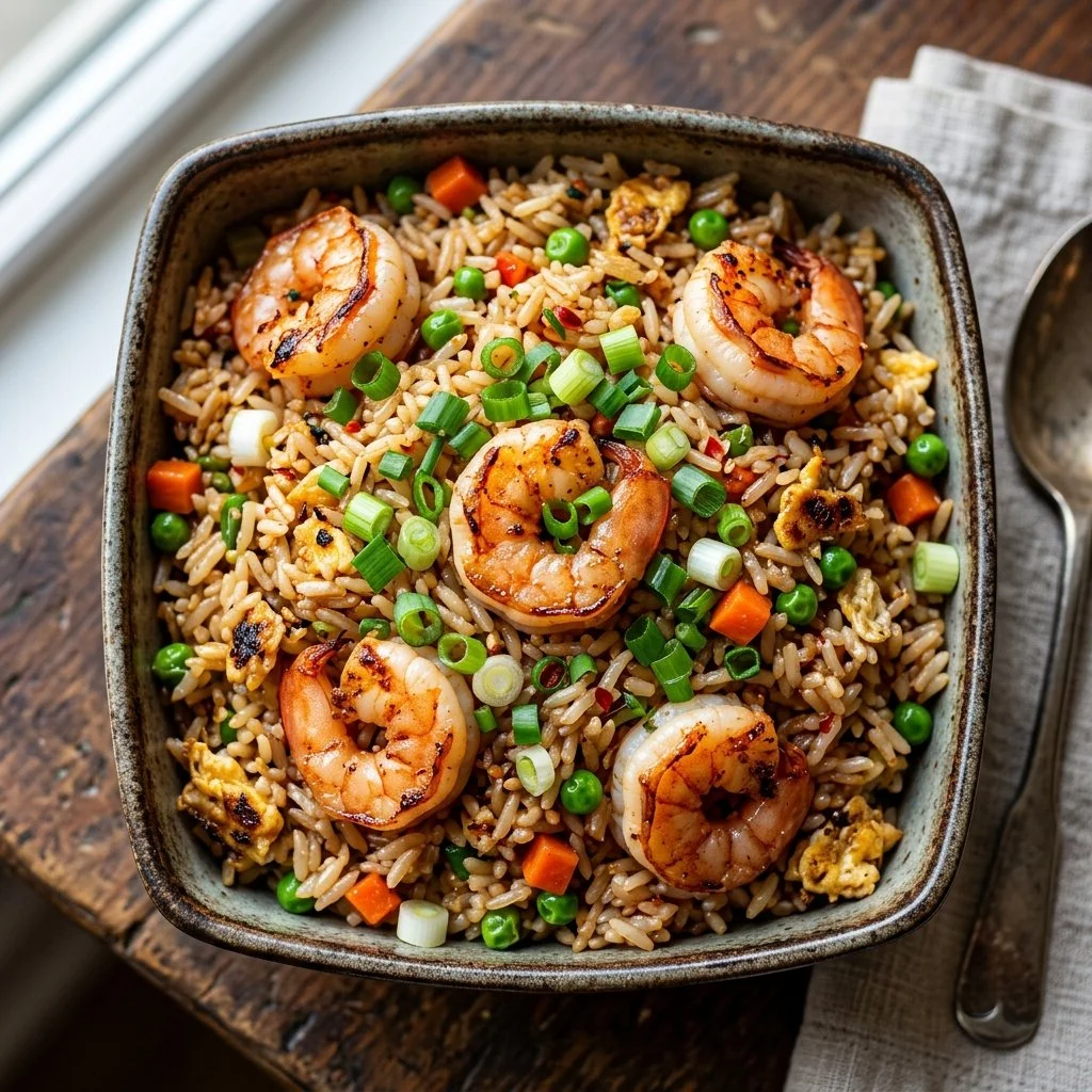 Plate of shrimp fried rice garnished with vegetables and herbs