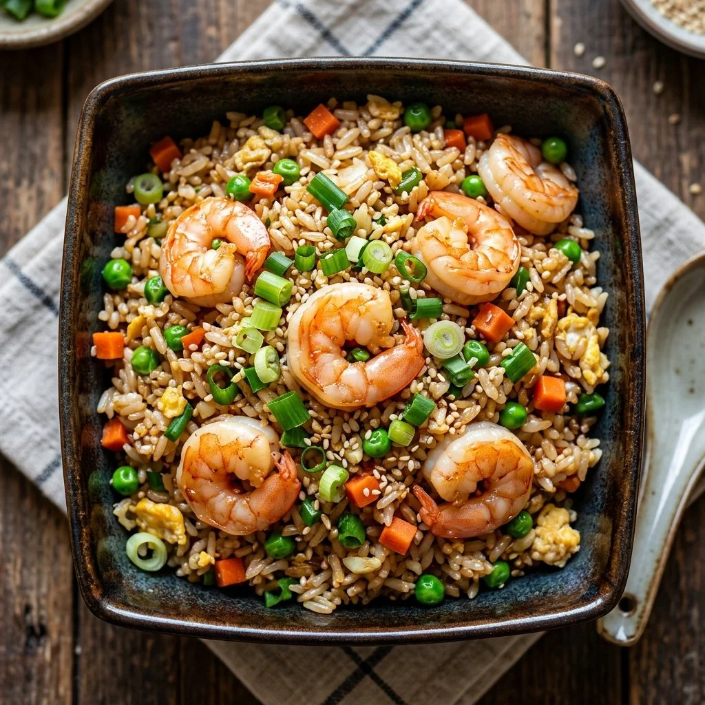 Delicious shrimp fried rice with fresh shrimp and colorful vegetables
