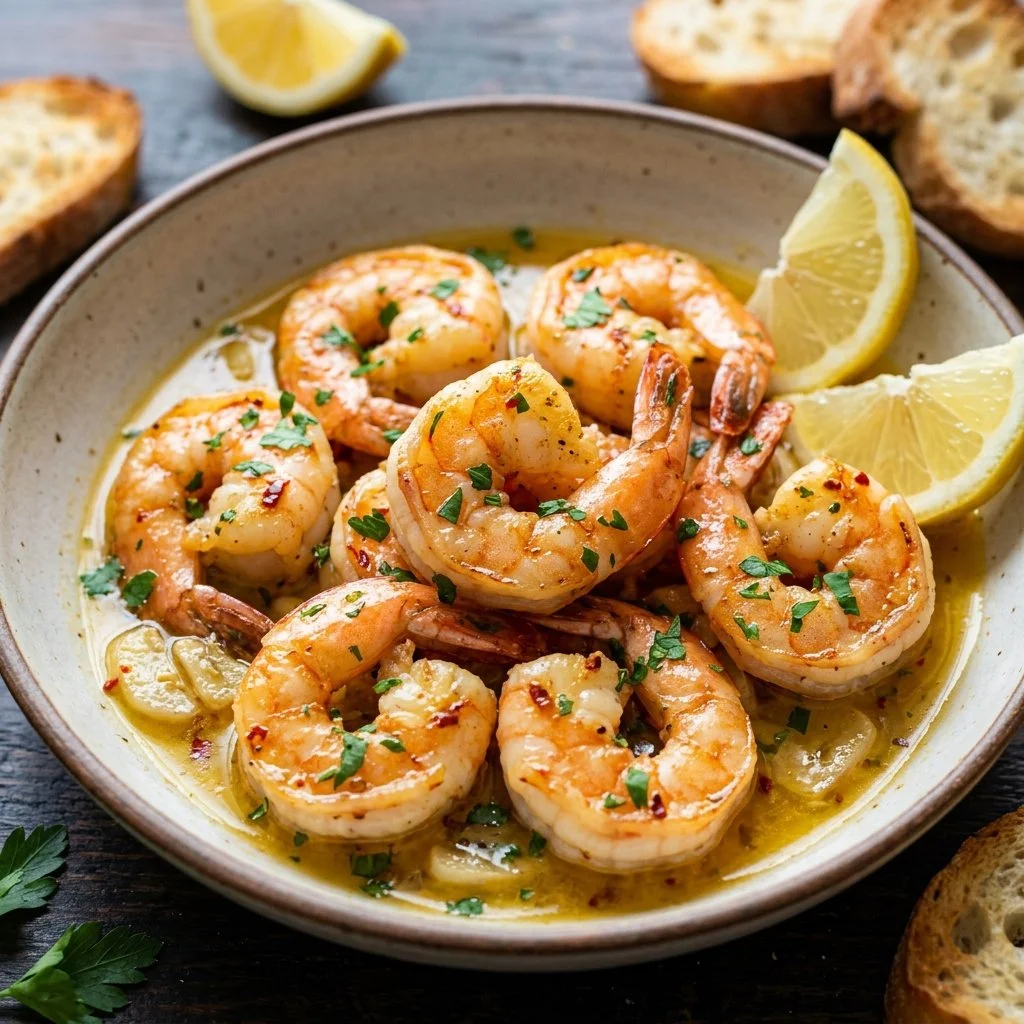 Delicious shrimp scampi served over pasta with garlic, butter, and parsley.