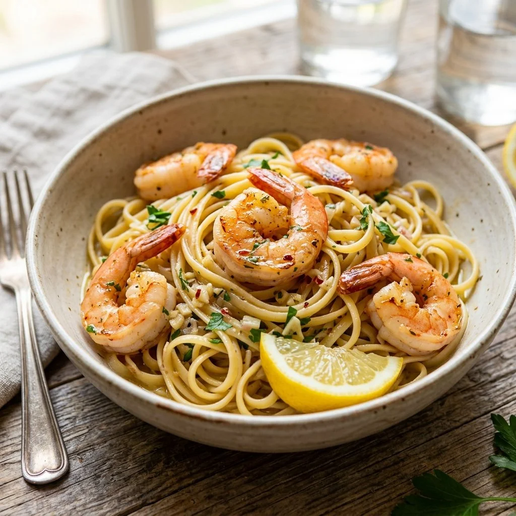 Delicious shrimp scampi pasta with garlic and herbs in a white bowl