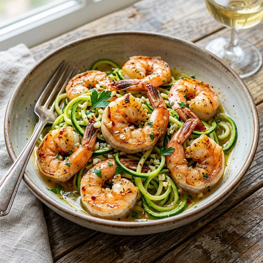Delicious shrimp scampi served with zucchini noodles for a healthy twist