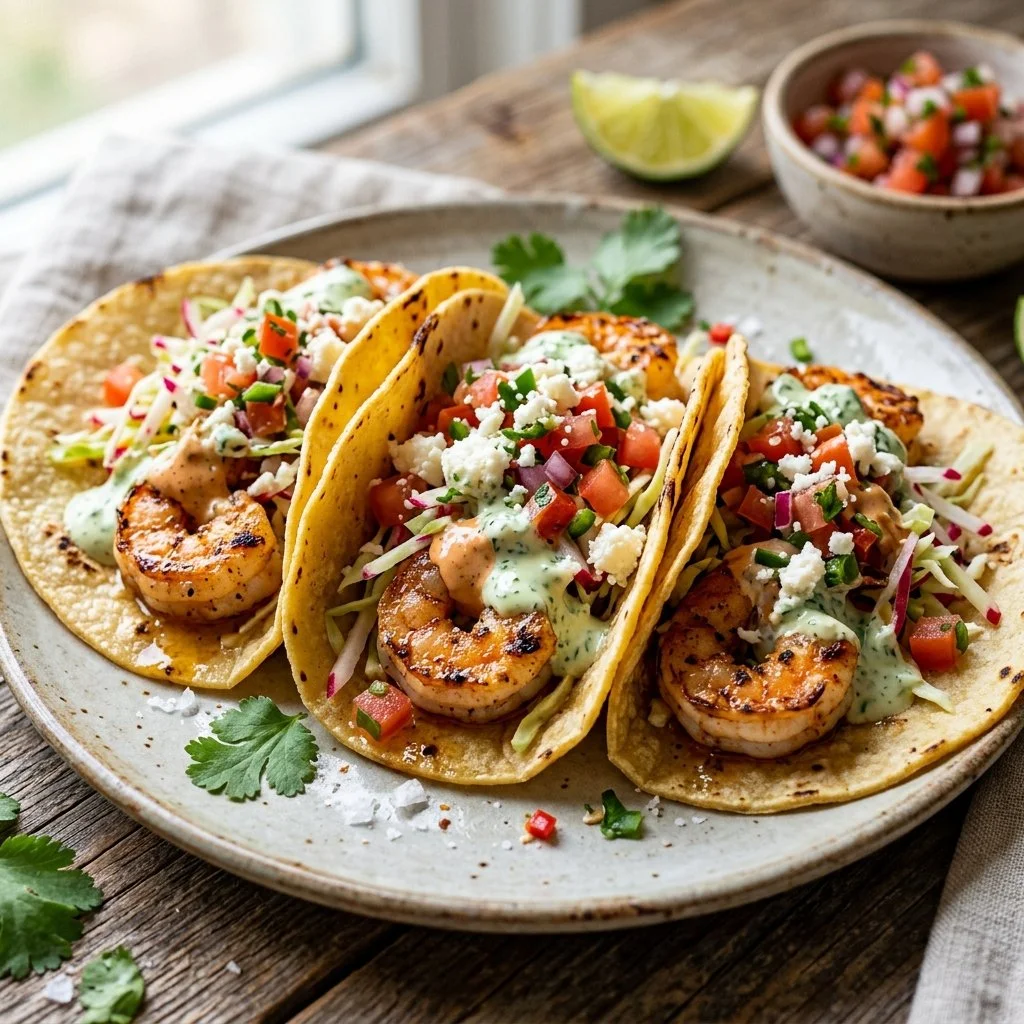 Delicious shrimp tacos topped with fresh ingredients and served in warm tortillas.